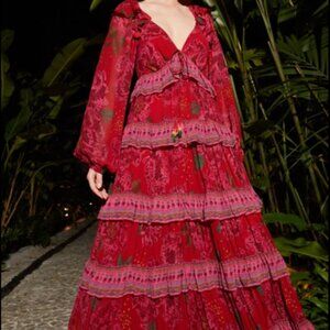 New FARM RIO Shiny Flowers Maxi Dress Women’s XS Boho Tiered Floral Gown